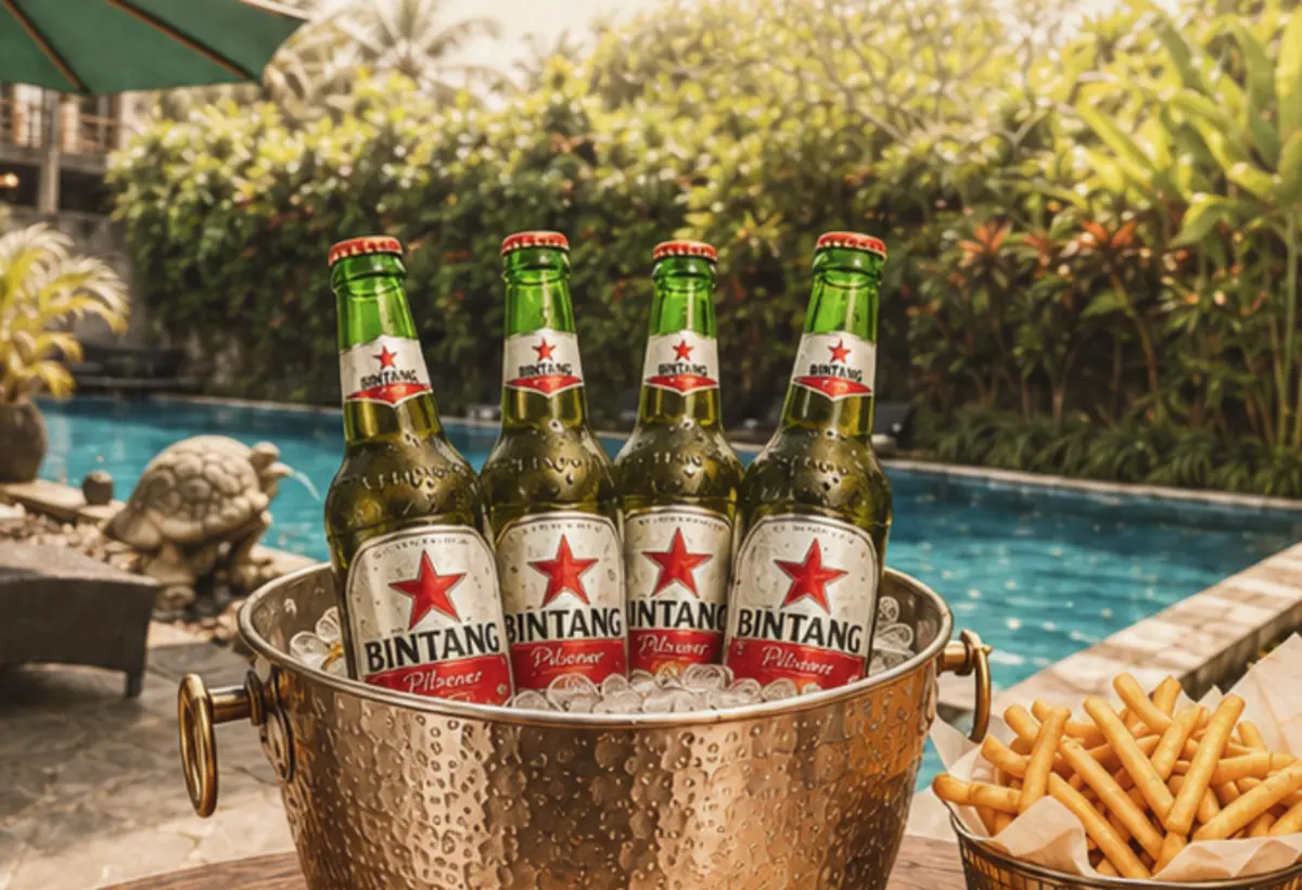 Four chilled Bintang beers and French fries by the pool