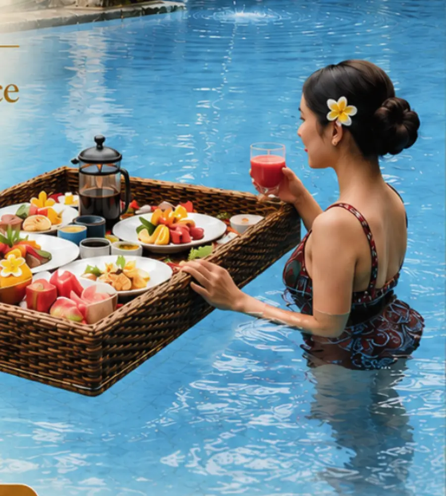 Floating breakfast presentation in Gita Maha Hotel's pool